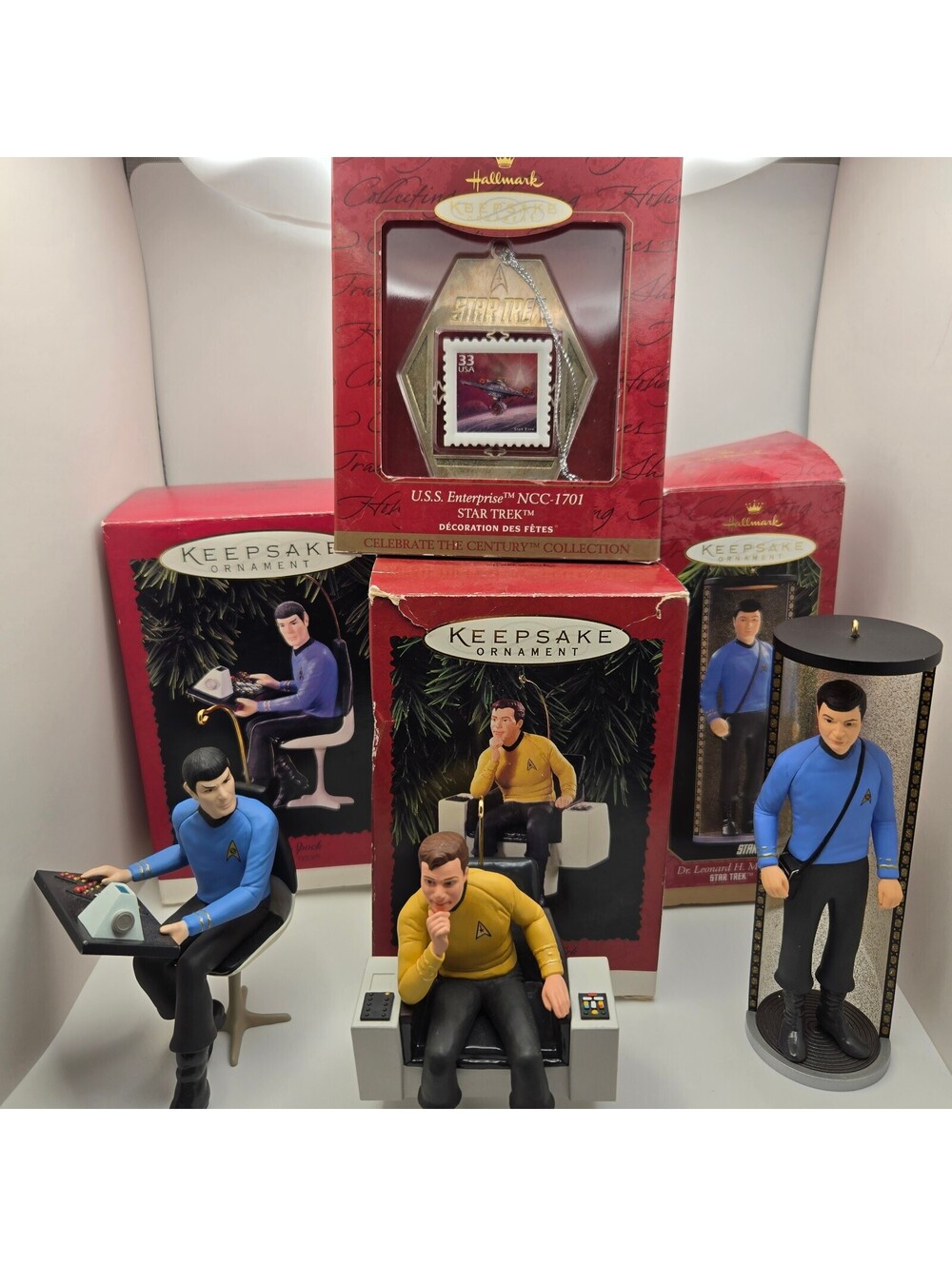 Vintage Hallmark StarTrek Keepsake Ornament Lot Kirk Spock McCoy Enterprise 4 Pc